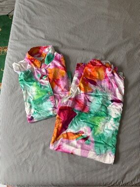 Natori Watercolor-Print Pajama Set in Pink, Green, Orange